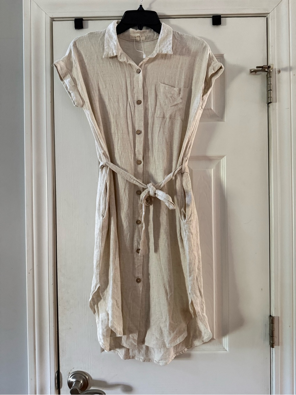Light Beige Linen Shirt Dress with Tie Waist